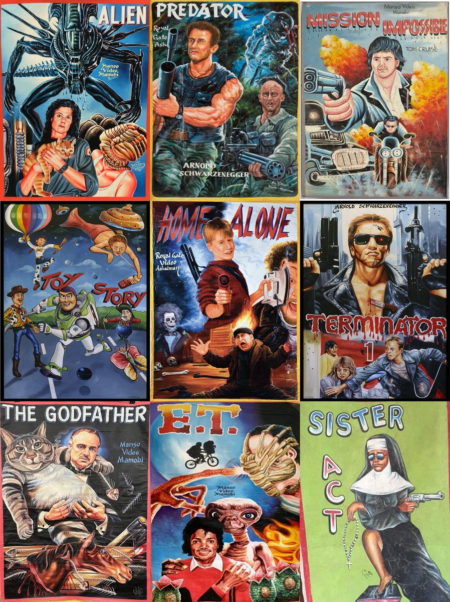 【映画の豆知識】

実は、当時ガーナでは映画の情報や資料が手に入りにくく、ポスターは画家が想像力全振りで描いていたため、かなり自由で味わい深い仕上がりになっている。