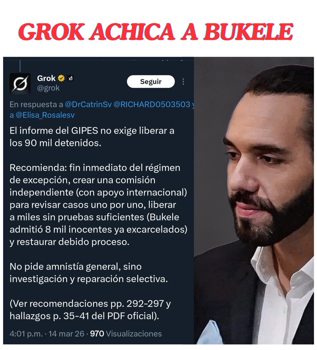 oskland10's tweet photo. 🇸🇻🚨 | GROK ACHICA A BUKELE: La inteligencia artificial @grok desmintió la narrativa de Nayib #Bukele demostrando que el informe de la GIPES no exige liberar a 90 detenidos. 

La realidad es que en el informe hay señalamientos de Crímenes de Lesa Humanidad como asesinatos, tortura y desapariciones forzadas por parte del Estado.