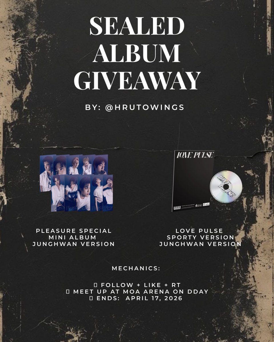 ⛧° ⋆ ꒰ა TREASURE SEALED ALBUM ໒꒱ ⋆°⛧
GIVE AWAY EVENT BY <a href="/hrutowings/">little zy 🎞️</a> 

— 1 winner of sealed pleasure ver album
— 1 winner of sealed love pulse sporty  ver

mechanics: 
🪽 follow + like + rt
🪽 meet up at moa arena on dday
🪽 ends:  April 17, 2026