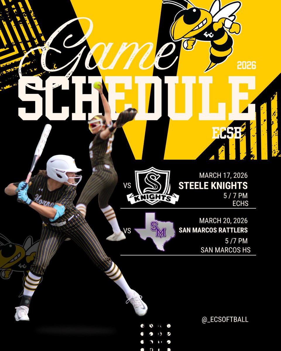 _ECAthletics's tweet photo. 🥎 EC Hornets Softball
📅 Tue (3/17) vs Steele
JV 5:00 PM | V 7:00 PM
📍 EC Softball Field
📅 Fri (3/20) vs San Marcos
JV 5:00 PM | V 7:00 PM
📍 San Marcos
#ECHornets #ECSoftball
@_ECSoftball @ECISDtweets @ArriolaSuzette @maggiwelham https://t.co/vGtHnGS50Y