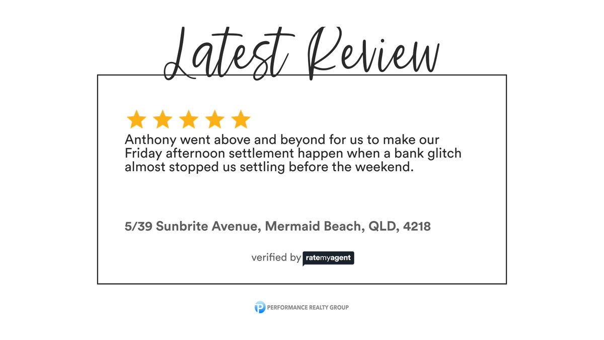 Our agent’s latest RateMyAgent review in Mermaid Beach
Queensland Real Estate Licence 3281585
rma.reviews/1ce1vu2ron17

...
#ratemyagent #realestate #Performance_Realty_Group