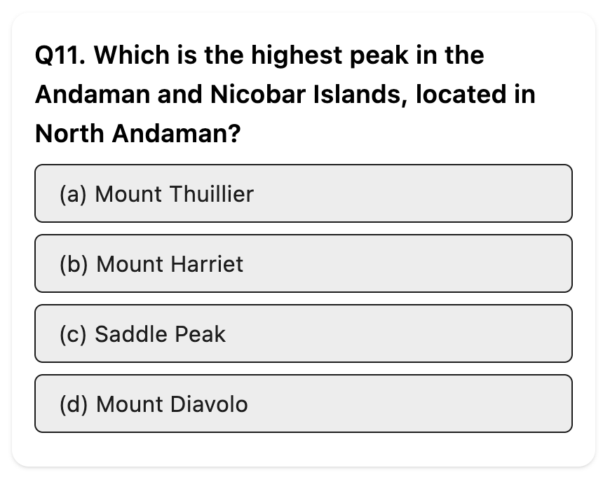 wingzpire_main's tweet image. Do you know the correct answer related to "Andaman and Nicobar Islands"?
  
Difficulty: Moderate

Q. Which is the highest peak in the Andaman and Nicobar Islands, located in North Andaman?

#Geography #UPSC
