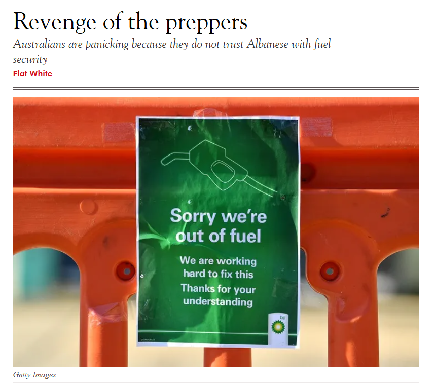 ellymelly's tweet photo. When Chris Bowen and Anthony Albanese got up on social media, waved their hands around, and said, ‘Don’t panic!’

Plenty of people realised it was probably time to panic.

We are living with a political legacy that sold off our fuel security in favour of convenience and profit which was only made necessary by self-inflicted regulation.

This is not a government concerned about the safety of its nation. It is a government that deliberately erased the lessons of the first and second world wars. Whether it’s giving away strategic ports to the largest geopolitical threat in the Pacific, shutting the economy down over a cold, or using the self-serving politics of Climate Change to destroy the agriculture industry, we have been given a masterclass in incompetence.

Article | https://t.co/rOavM0CwVU