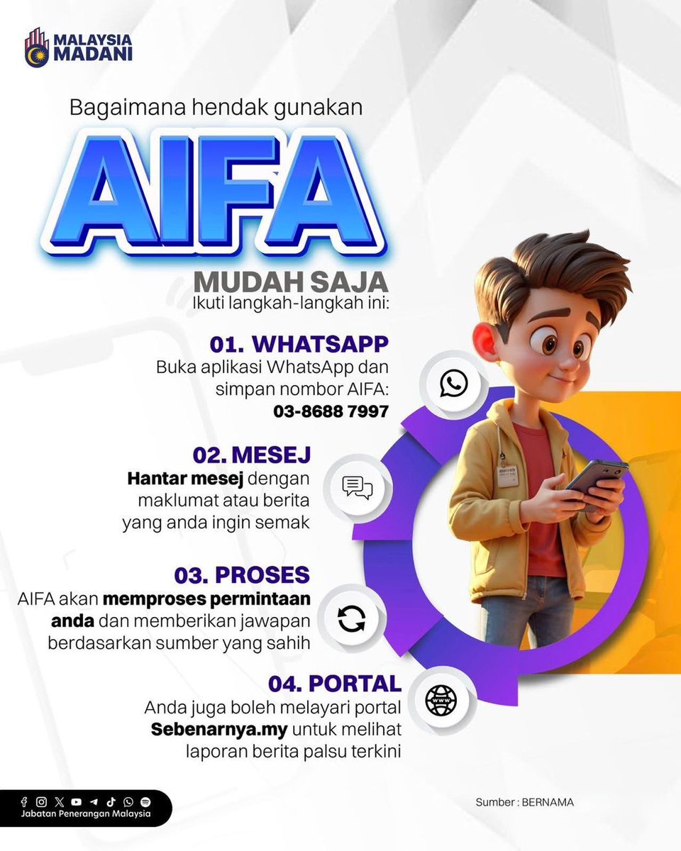 Semak fakta kini lebih mudah dengan AIFA ✅

WhatsApp 03-8688 7997, hantar berita untuk disemak dan terima jawapan sahih 🔍

Elak maklumat palsu — layari sebenarnya.my 🌐

#RancakkanMADANI
#MADANIBekerja
#TaatSetia
#JabatanPenerangan