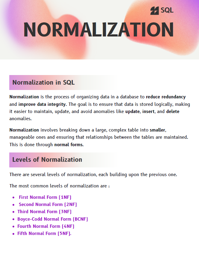 aastha_mhaske's tweet image. Normalization in SQL Notes in 12 Pages 📘
.
.
 Bookmark it for future 🧵. 
.
.
1/n
.
#sql #database