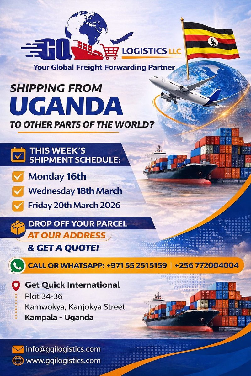 GetQuickIntern1's tweet photo. Next shipments loading soon from:
🇺🇬 Uganda
🇺🇸 USA
🇬🇧 UK
🇨🇳 China

Shipping to destinations worldwide with Get Quick International.

Secure your cargo space early and let our team handle the logistics from sourcing to delivery at your doorstep. https://t.co/dGi5j10iBp