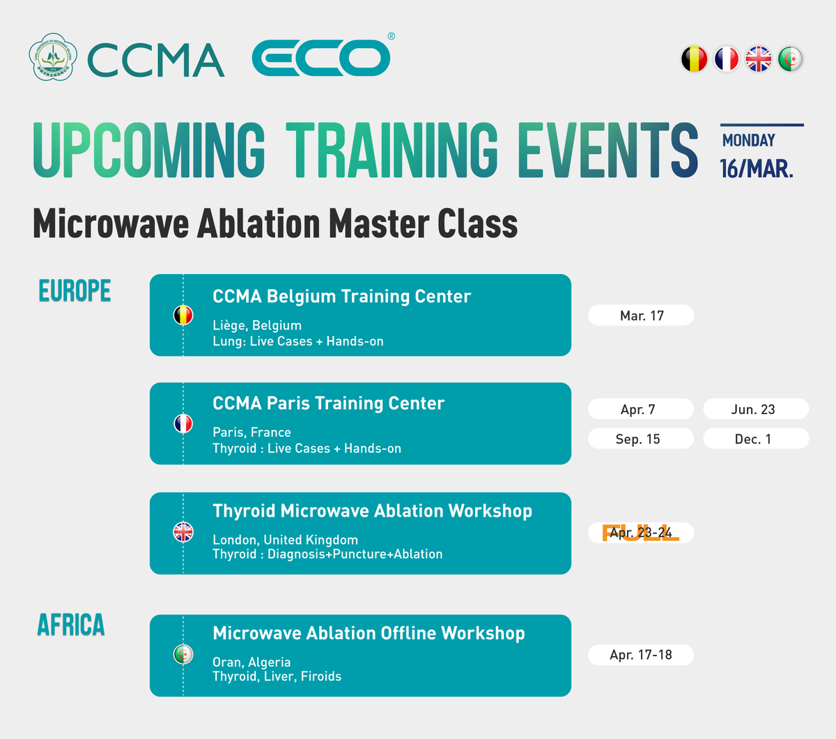 MicrowaveEco's tweet photo. #ECOupcomingtrainingevents for #2026
✅ UPDATES 16th March

Microwave Ablation Master Class (#CONFIRMED)

📅 Plan your training with ECO &amp; CCMA Training Programs.

ECO Medical Technology
ECO Medical USA https://t.co/9BORh3uNrC