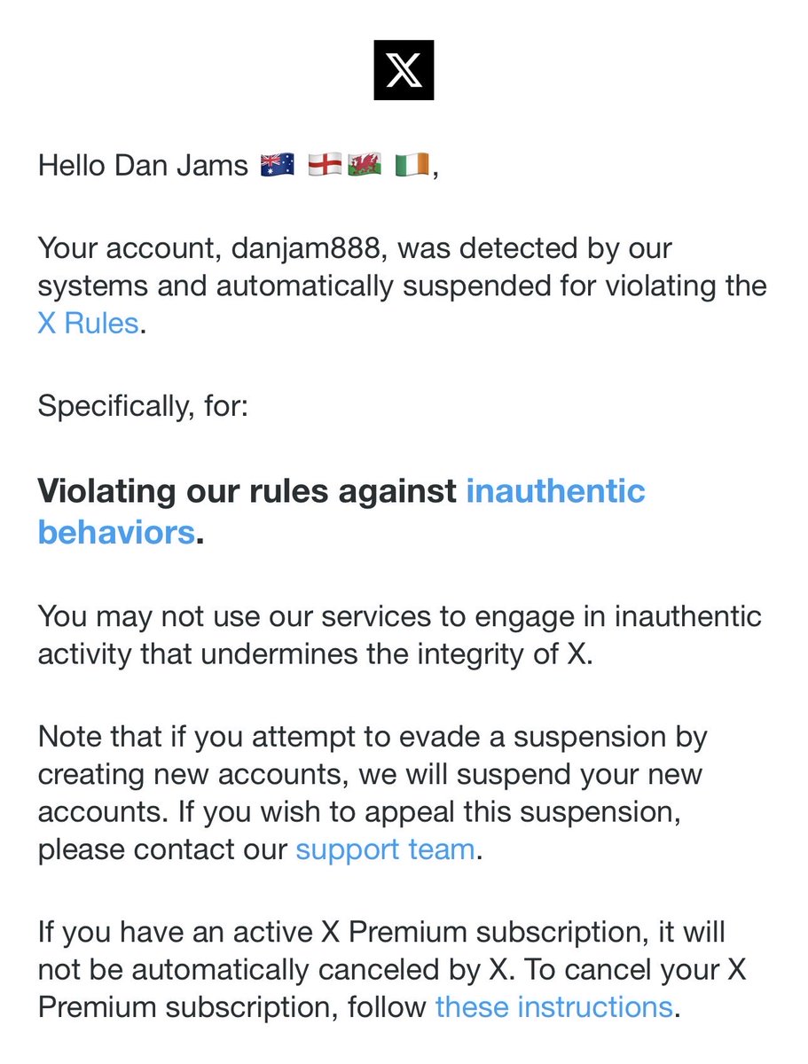 danjamxxx's tweet photo. Hey @Support I think you falsely suspended my main account. The username is @danjam888. I appealed it but IMMEDIATELY got an email saying that it had been rejected. I think I have been falsely flagged for “Inauthentic Behaviour” by a bot and then my appeal rejected by a bot. https://t.co/E8kBhpL5tM