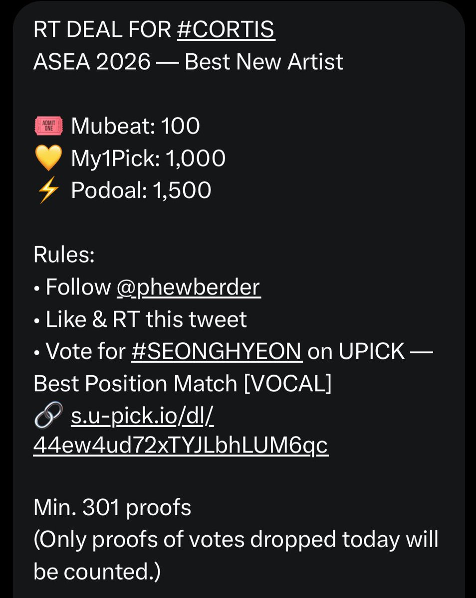 cortisvotingHQ's tweet photo. RT DEAL FOR #CORTIS
ASEA 2026 — Best New Artist

🎟️ Mubeat: 100
💛 My1Pick: 1,000
⚡ Podoal: 1,500

Rules:
• Follow @phewberder
• Like & RT this tweet
• Vote for #SEONGHYEON on UPICK — Best Position Match [VOCAL]
🔗 https://t.co/N8W9solbfR

Min. 301 proofs
(Only proofs of votes dropped today will be counted.)

Every single vote matters. Let’s move together 💚