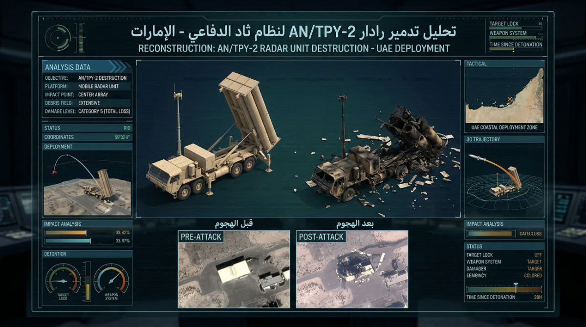iwasnevrhere_'s tweet image. Strike assessment panels highlighting three locations: the AN/TPY-2 radar site supporting the THAAD deployment in the UAE, the U.S. support installation in Shu’aibiya, Kuwait, and a building in Tel Aviv identified as an IOF officers’ gathering point.

Each panel moves from target