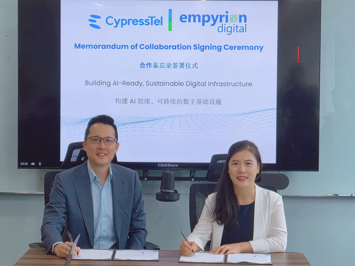 cypresstelecom's tweet photo. Proud to sign a strategic MOU with Empyrion Digital at Singapore HQ! CypressTel #network + DataSHELL #colocation + Empyrion green #DCs = Asia's #AI-ready infrastructure unlocked!
Thanks, Mark Fong &amp; team! Together powering future growth 🚀 https://t.co/ZwyBYpqGRn
