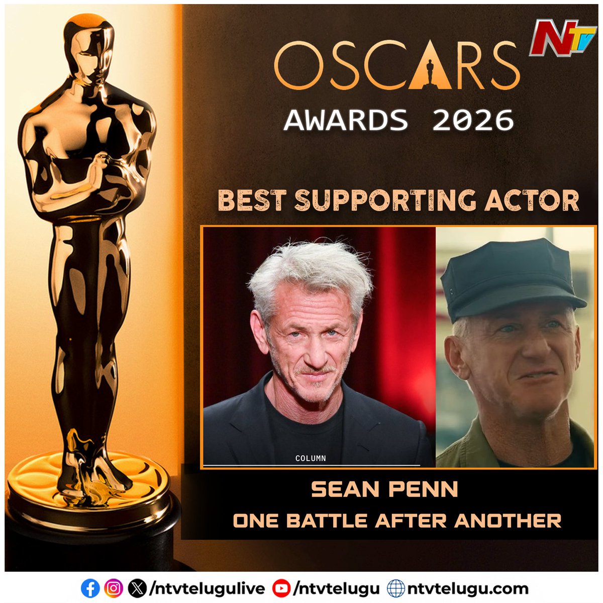 NtvTeluguLive's tweet photo. OSCARS 2026 :
Best Supporting Actor - Sean Penn (One Battle After Another)
#BestSupportingActor #PaulThomasAnderson #ONEBATTLEAFTERANOTHER #Oscars #Oscars2026 #Oscar #NTVTelugu https://t.co/qDMeqWBLHC
