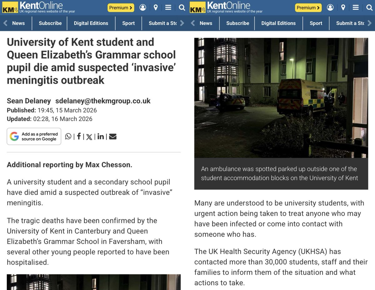 _CatintheHat's tweet photo. Really tragic news.

A university student and a secondary school pupil have died following an outbreak of "invasive" meningitis in Kent (England).

A further 11 people (mostly aged 18-21) are in hospital &amp; reported to be seriously ill.

My heart goes out to the families 💔 https://t.co/BbXshhjYk7