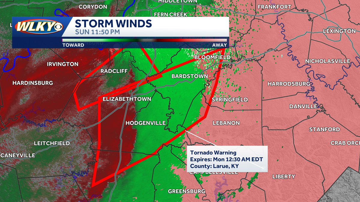 EricZernich's tweet photo. ***TORNADO WARNING***
Hardin, Hart, LaRue, Marion, Nelson and Washington counties are under a Tornado Warning until 12:30AM for a storm that is trying to rotate that could produce a tornado. Seek shleter now! https://t.co/9siRRuDJEi