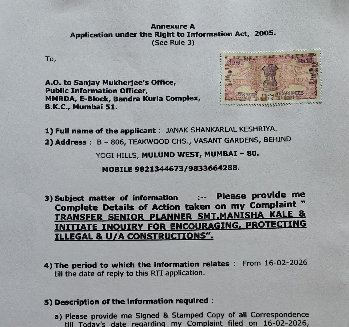 jskeshriya's tweet image. #RTI sent to #MMRDA Comm. @DrSanMukherji regarding "Transfer Senior Planner Smt. Manisha Kale &amp;amp; initiate #inquiry for encouraging, Protecting #Illegal &amp;amp; #Unauthorised #Construction ".

Sir @mieknathshinde MMRDA comes under #Urban development &amp;amp; you are #Chairman , so pls intervene