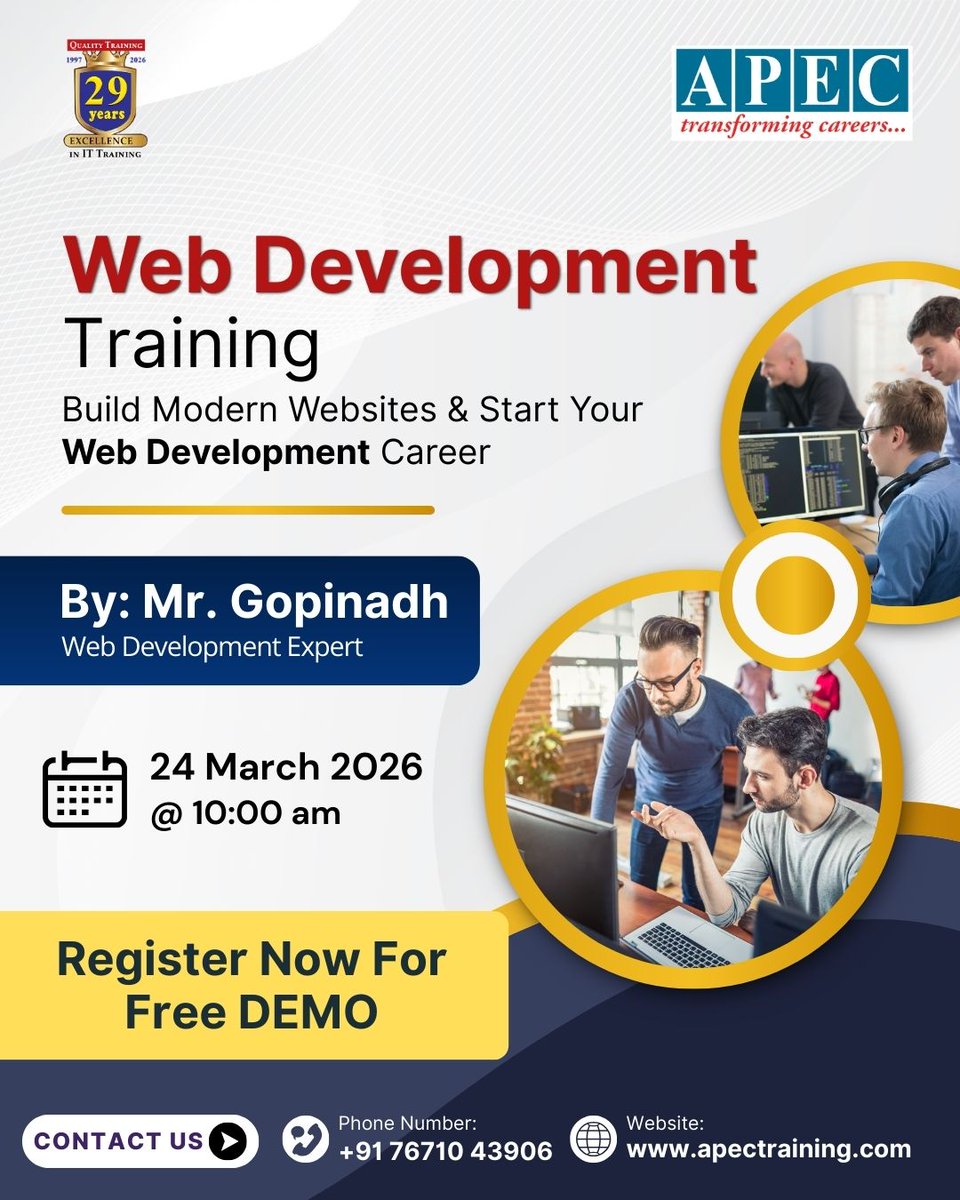apecITtraining's tweet image. 🚀Web Development Training

Build modern websites and start your web development career.

👉Register Now: t.ly/soH_l

📞+91 7671043906
🌐apectraining.com/web-dev

#APEC #WebDevelopment #WebDeveloper #WebDevelopmentTraining #FullStackDevelopment #FrontendDevelopment
