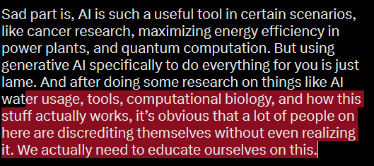 Red_Flar3's tweet photo. @shiny_peso all I'm saying is that while the tools are useful, this is the wrong place to use them, don't make the robot replace creativity. also def research some of the cool uses because it actually do be saving lives and making the world better. (just not genai lmao) https://t.co/jnRsic9MYZ