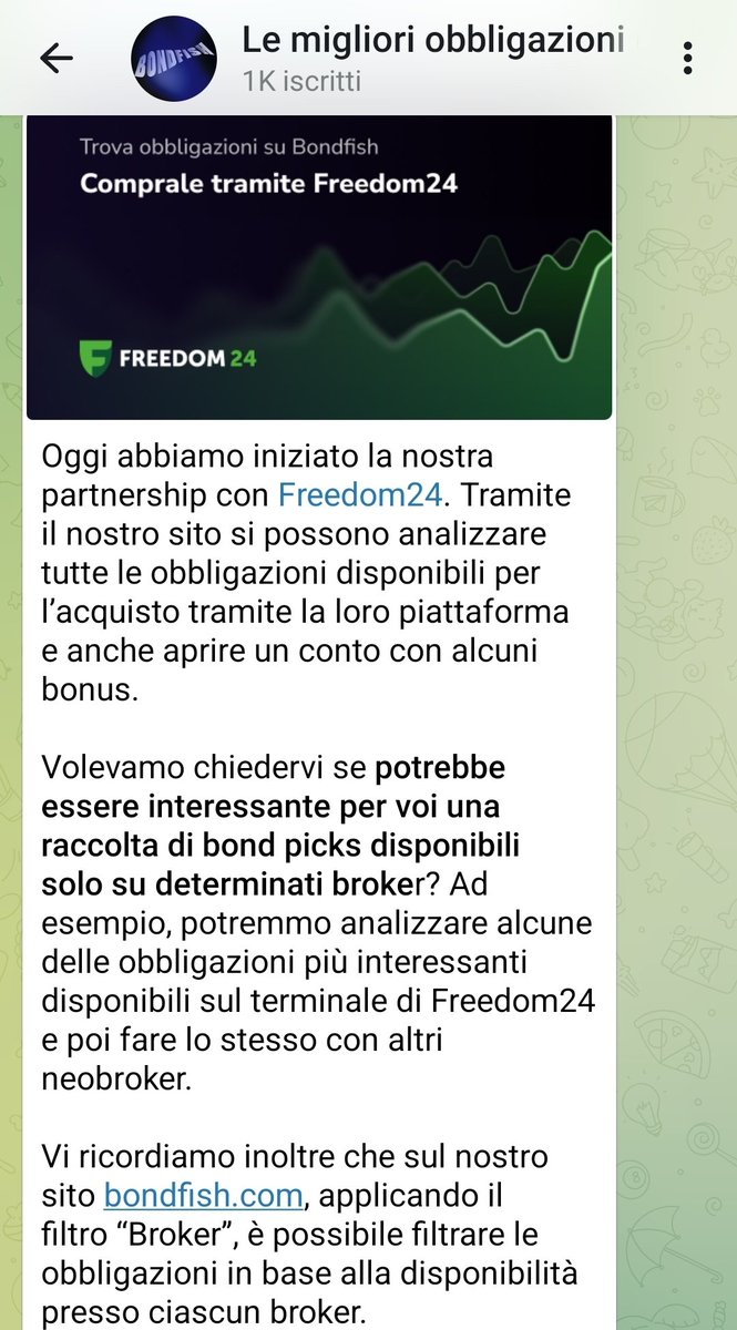 RE_DI_DIVIDENDI's tweet photo. #obbligazioni
Sul canale Telegram di #bondfish
https://t.co/gg8slRemDk
hanno citato #Freedom24 come broker per negoziare molti bond, conosco la piattaforma è anche quotata in #America e affidabile
Potete iscrivervi gratis al loro canale
#btp #investo #risparmio #money #rich https://t.co/QrhAz81jB3
