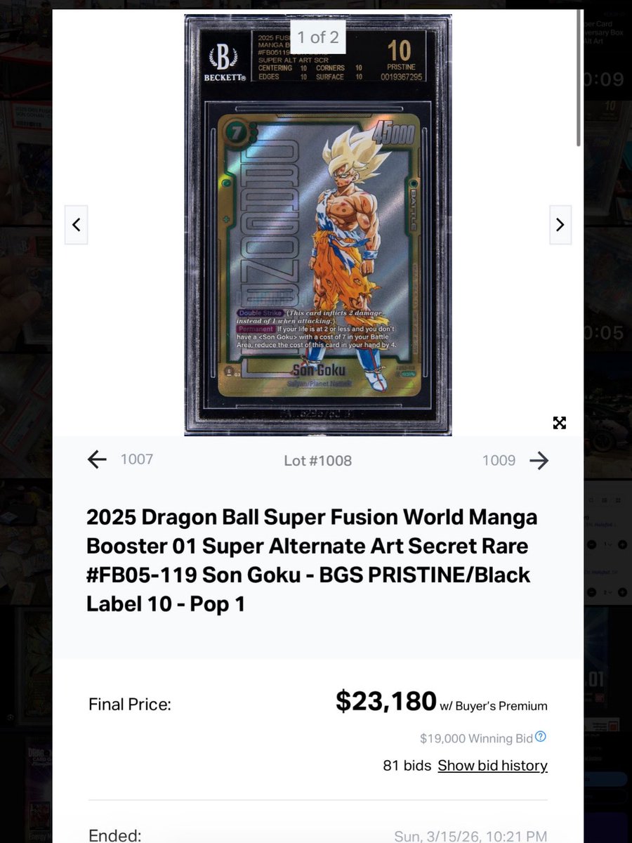 My Manga Goku just sold on Goldin Auction for $23,180.

A massive sale for the Dragon Ball card community.

I've been advocating for Dragon Ball cards for years, pushing for them to get the recognition they deserve.

Hopefully this is just the start and we begin seeing more