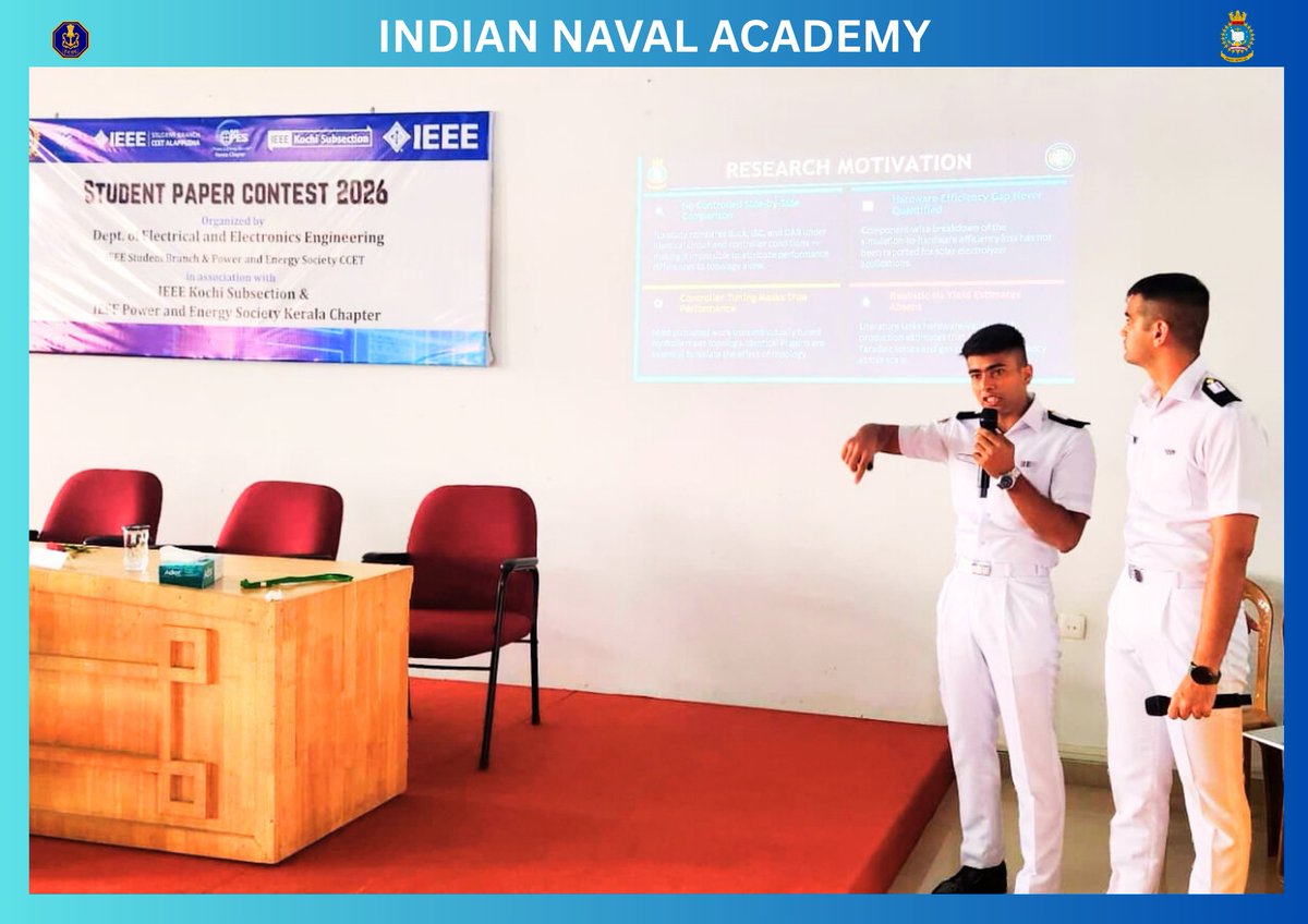 IN_NavalAcademy's tweet image. Excellence is a habit!!! 🏆

#INA cadets’ research paper on "Solar-powered alkaline water electrolysis converters" secured 1st place at the IEEE Student Paper Contest.
A proud moment reflecting the #innovation, #dedication and research #excellence of our cadets and their mentors.