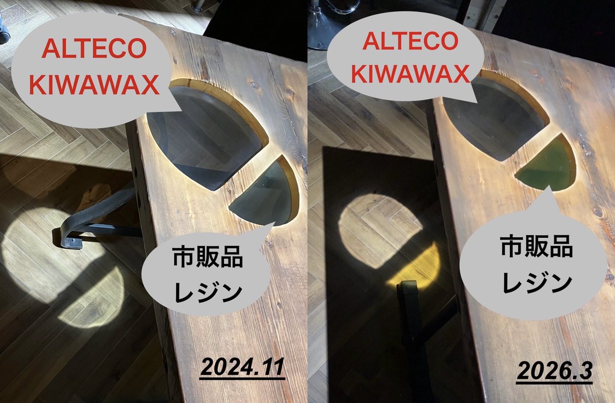 attecotokyo5's tweet photo. ALTECO KIWAWAX

#エポキシレジン
#レジンアクセサリー
#ハンドメイド
#KIWAMAX
#透明エポキシレジン

レジンの黄ばみ比較

上：KIWAWAX
下：市販品レジン

2024.11 → 2026.3（1年4ヶ月後）

「これが、こうなる。」

　　Before                    After https://t.co/Pqesb9lqQg