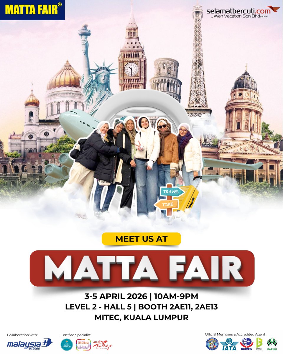 selamatbercuti's tweet photo. Jangan lepaskan peluang ke MATTA Fair dan jumpa kami di booth 𝘀𝗲𝗹𝗮𝗺𝗮𝘁𝗯𝗲𝗿𝗰𝘂𝘁𝗶.𝗰𝗼𝗺 (𝗪𝗮𝗻 𝗩𝗮𝗰𝗮𝘁𝗶𝗼𝗻 𝗦𝗱𝗻 𝗕𝗵𝗱)!

✨ Pakej percutian ke serata dunia 
✨ Promosi eksklusif MATTA Fair 
✨ Konsultasi travel percuma https://t.co/tQo53Mch4M