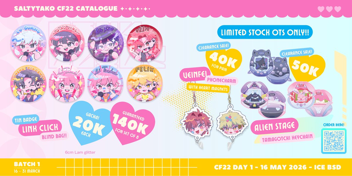 [🩷&amp;🔁Appreciated!]

SaltyTako’s #CF22 Pre-Order is open‼️

PO Period: 16 - 31 March 2026
💌Pick up @ cheki-cheki
🎁 Mail Order AVAILABLE!
🎀 16 May 2026 [DAY 1]
💗Niji JP &amp; EN, LinkClick, Alnst, Danmei, phaidei

GO please DM first

Link below~
#comifuro22 #cf22catalogue