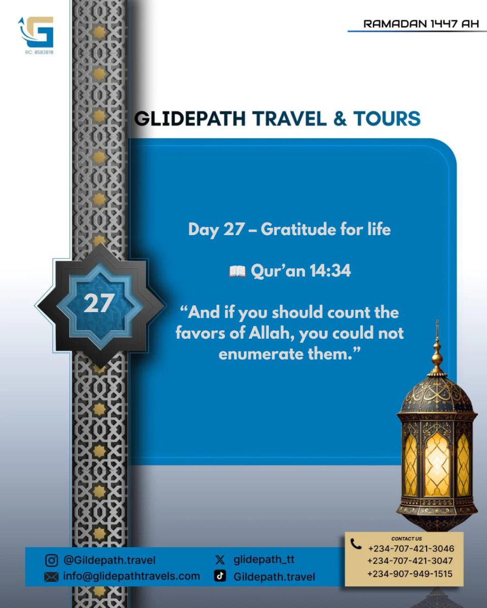 glidepath_tt's tweet photo. Day 27 – Gratitude for life

📖 Qur’an 14:34
“And if you should count the favors of Allah, you could not enumerate them.”
#ليله_٢٧ #Ramadan https://t.co/q29XKV6pXh