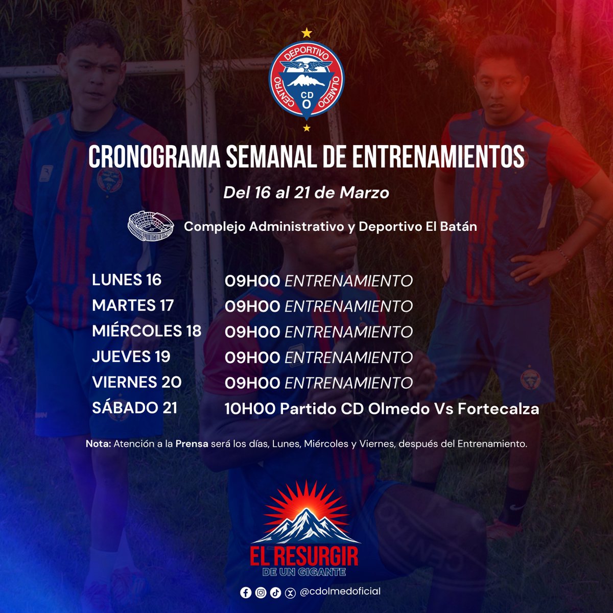 cdolmedoficial's tweet photo. Planificación semanal de Centro Deportivo Olmedo 🔴🔵 del 16 al 21 de marzo #ElResurgir #CDOlmedo https://t.co/jJBhx8W1Gq