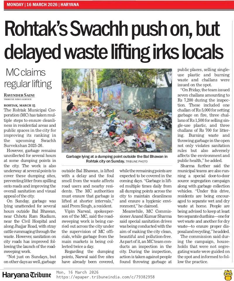rsainiscribe's tweet image. Rohtak’s Swachh push on, but delayed waste lifting irks  locals  
#MunicipalCorporation #Garbage #SwachhSurvekshan #NagarNigam #Sanitation #Cleanliness #Haryana @thetribunechd #ULB #IASAnandSharma 
tribuneindia.com/news/haryana/r…