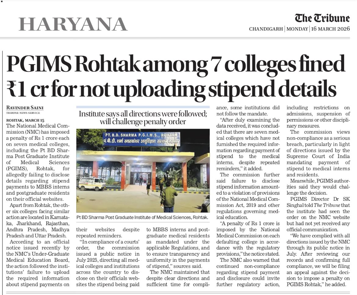 rsainiscribe's tweet photo. Rohtak PGIMS among 7 medical colleges fined Rs 1 crore for not disclosing stipend details online  
#Health #MBBS #University #PtBDSharma #NMC #Penalty #Haryana @thetribunechd @ArtiSinghRao #NEET #Website #DMER 
https://t.co/8Kl6v6h9fi https://t.co/kXfMlWPtOL