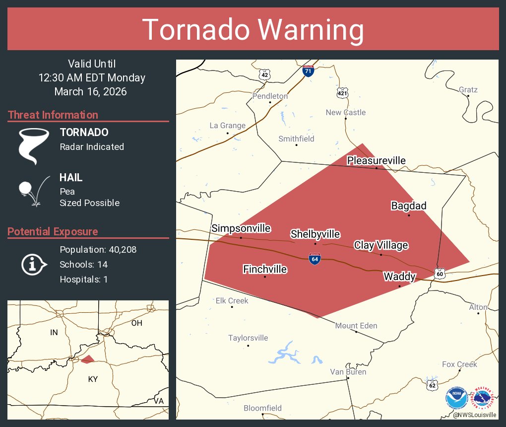 Tornado Warning continues for Shelbyville KY, Simpsonville KY and