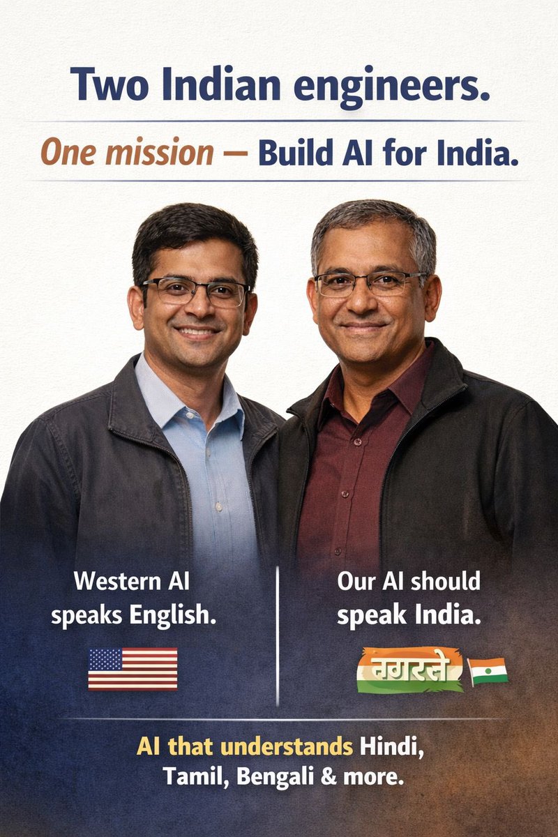 sadiqali015's tweet image. Two engineers. One mission.

Build AI that understands India’s languages, people, and scale.

That’s why Pratyush Kumar and Vivek Raghavan founded Sarvam AI.

Because the future of AI should speak India. 🇮🇳

#AI #Indiatech #sarvamai #sarvam
