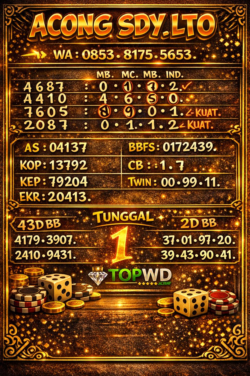 Acong_Hoki's tweet image. PREDIKSI SDY LTO 16 MARET 2026 TETAP UTAMANKAN PREDIKSI BOSS KUU UNTUK PASARAN LAIN NYA BOS KU BISA GABUNG KE WHATSAPP KITA BOS wa.me/6285381755653G… TANPA MAHAR IYA BOS KU 100% #TOPWD #aconghokilivehk #situsamandanamanah wa.me/6285381755663