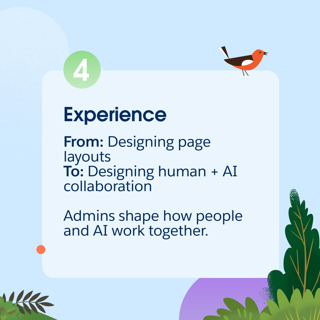 SalesforceAdmns's tweet photo. 🧠 The Salesforce Admin role is evolving to run the Agentic Enterprise. 

We outlined 5 shifts happening across data, security, automation, experience, and analytics.

We’re curious: What “From → To” shift are you seeing in your admin role? 

Learn more: https://t.co/a5QA1FOY8S