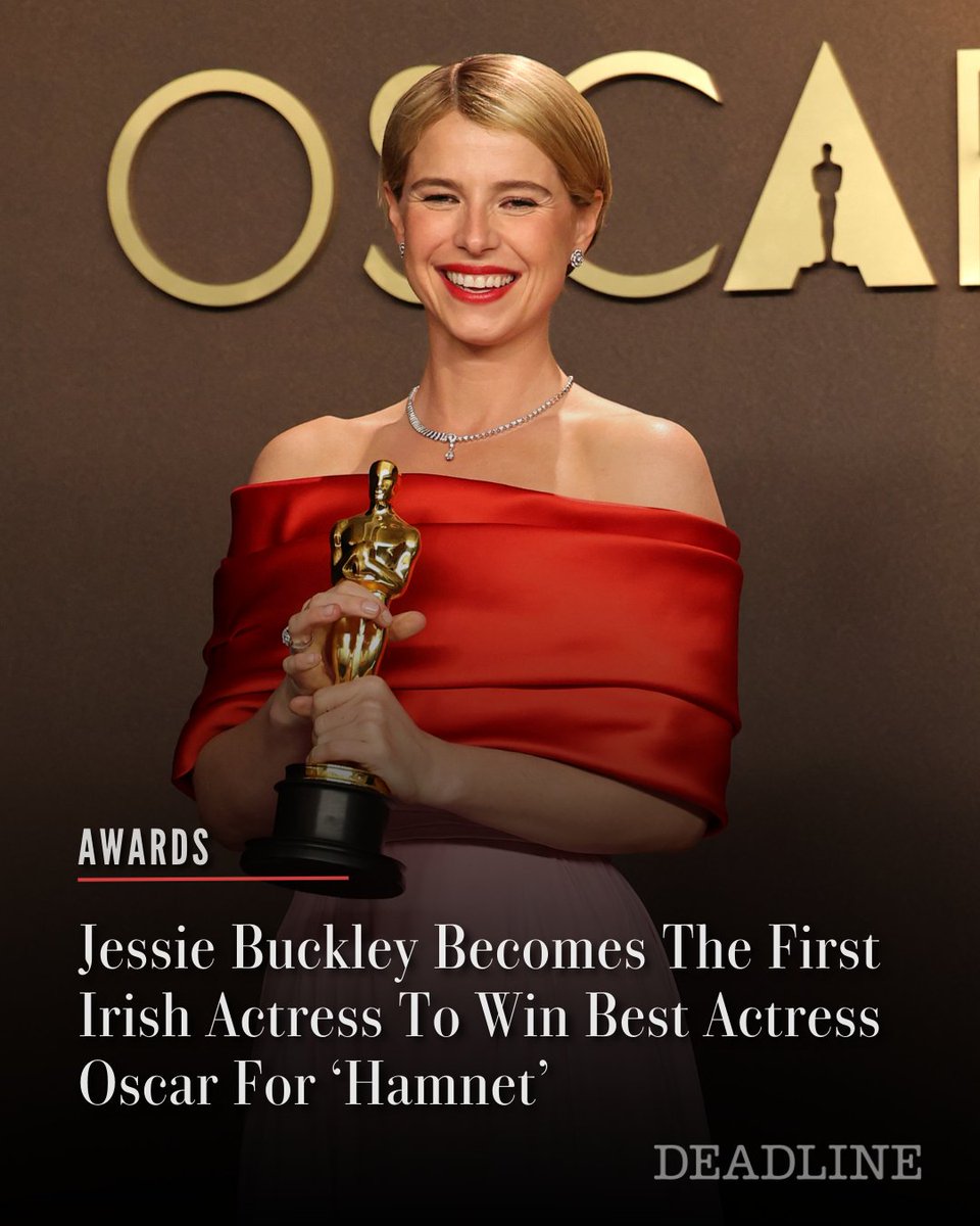 DEADLINE's tweet photo. Jessie Buckley has become the first Irish actress to win the Best Actress category at the 98th #Oscars for her performance in Chloé Zhao’s #Hamnet. In her acceptance speech, she called the win her “greatest honor” and shouted out all mothers everywhere.

“To know this incandescent woman, and journey to understand the capacity of a mother’s love is the greatest collision of my life,” she told Zhao. “It’s Mother’s Day in the U.K. today, but I would like to dedicate this to the beautiful chaos of a mother’s heart” 

More details here: https://t.co/e1HXo5qXA3

(Photo: Getty)