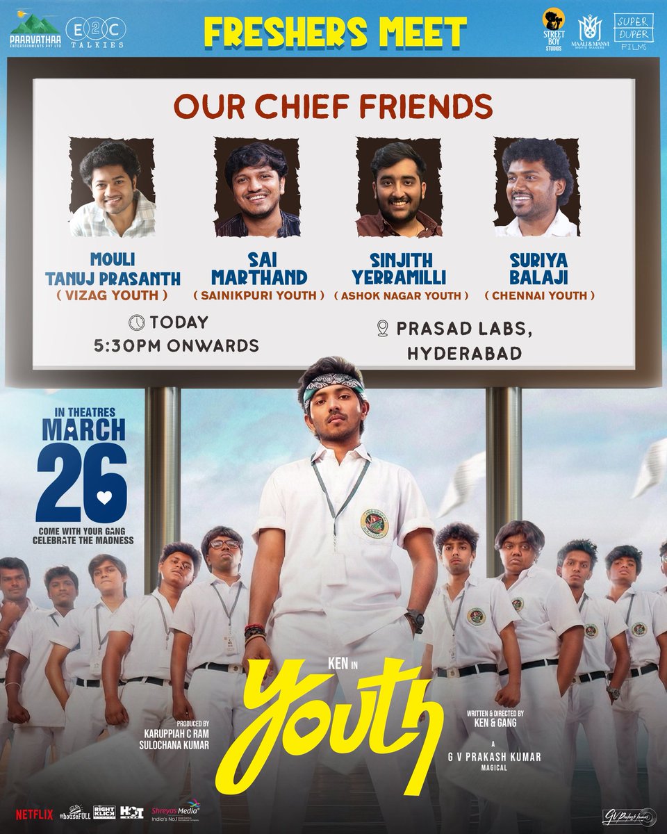 The #YOUTH FRESHERS MEET Day is here!! 😎🔥

Team #LittleHearts rooting for Youth gang…❤️

Our Chief Friends
<a href="/Mouli_Talks/">Mouli Talks</a> <a href="/marthandsai/">Sai Marthand</a> <a href="/SinjithYerramil/">SinjithYerramilli</a> #SuriyaBalaji
are all set to join the Freshers Gang! 🤩

📍 Today from 5:30 PM onwards at Prasad Labs!

In theatres from MARCH