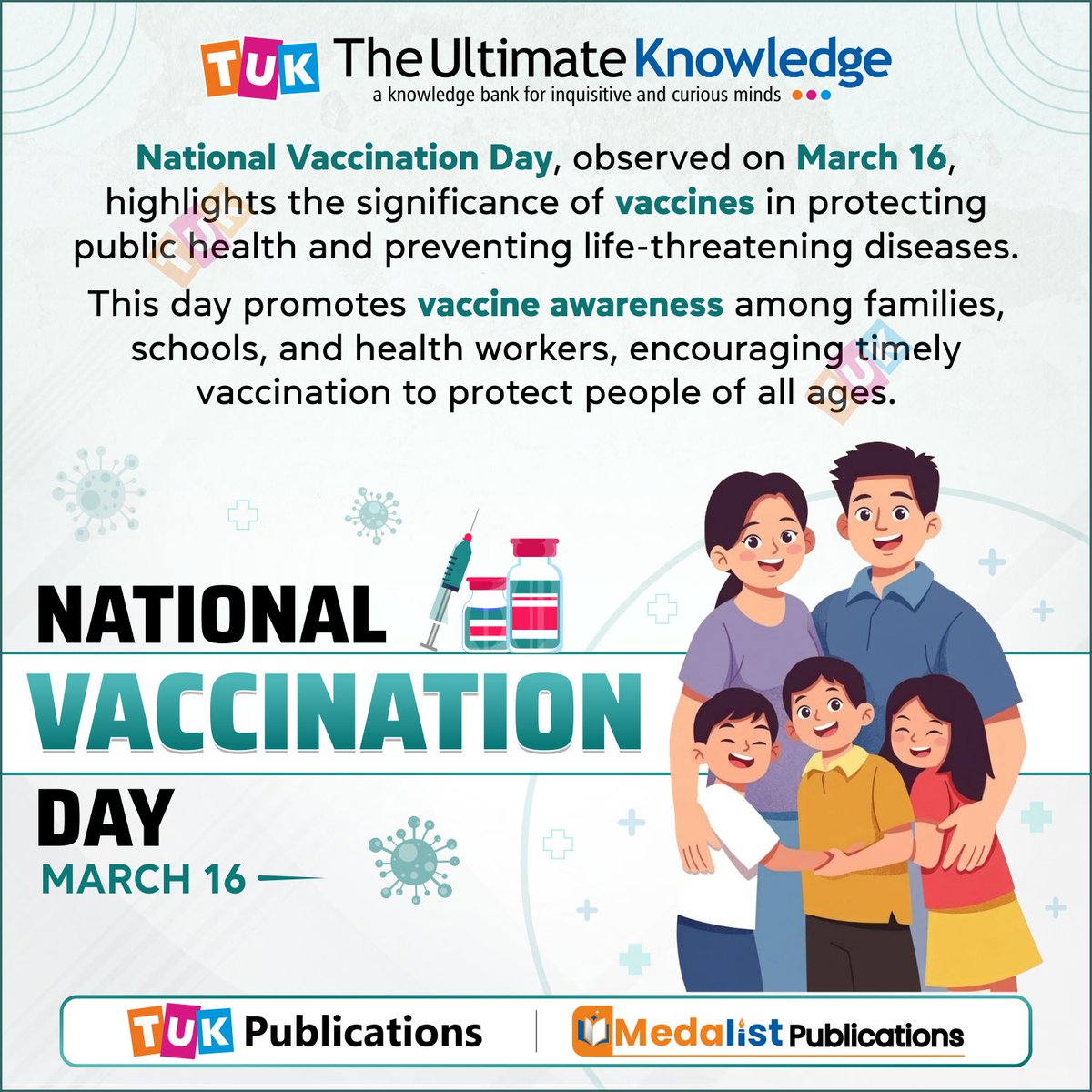 #NationalVaccinationDay promotes #vaccine awareness among families, schools, and health workers, encouraging timely #vaccination to protect people of all ages.
.
.
.
#TUKWorld #TUKPublications #MedalistPublications #VaccinesSavesLives #VaccinationDay #NationalVaccinationDay2026