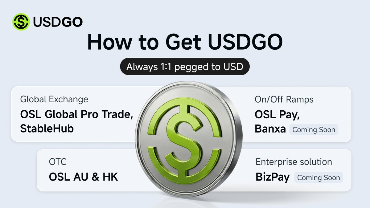 USDGO now available through OTC, global exchanges, and on/off ramps—seamless access for compliant, borderless ops!

🟢Global Exchanges: <a href="/osldotcom/">OSL</a> OSL Global ProTrade &amp; StableHub
🟢OTC: OSL AU &amp; HK
🟢On/Off Ramps: <a href="/OSLPay/">OSL Pay</a> (lowest fee rate)
🟢Enterprise solutions coming soon on