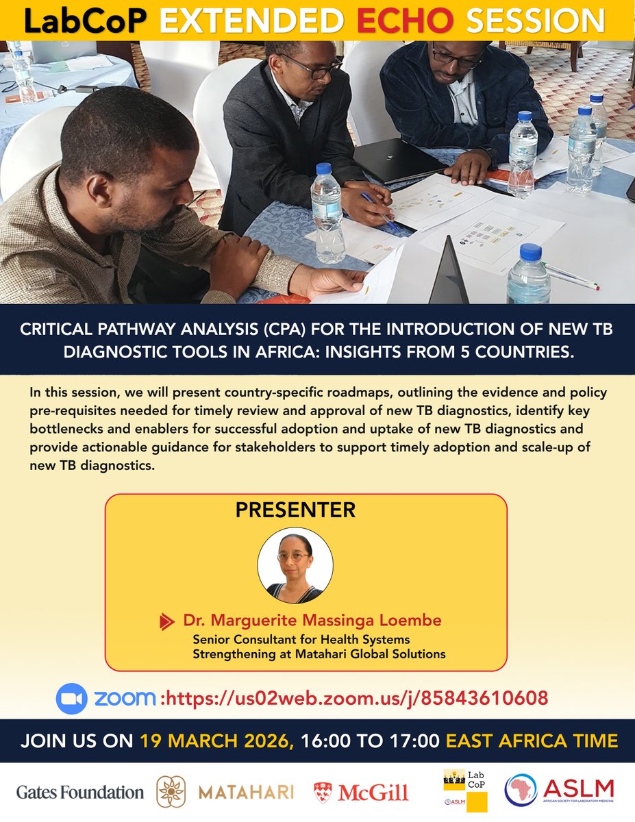 ASLM_News's tweet photo. Don't miss #LabCoP's Extended ECHO session on 19 March! In this session, we discuss the present country-specific roadmaps outlining the evidence and policy pre-requisites needed for timely review and approval of new TB diagnostics and identify key bottlenecks and enablers for the successful adoption and uptake of new TB diagnostics. Register at https://t.co/w6UzDCSUvJ