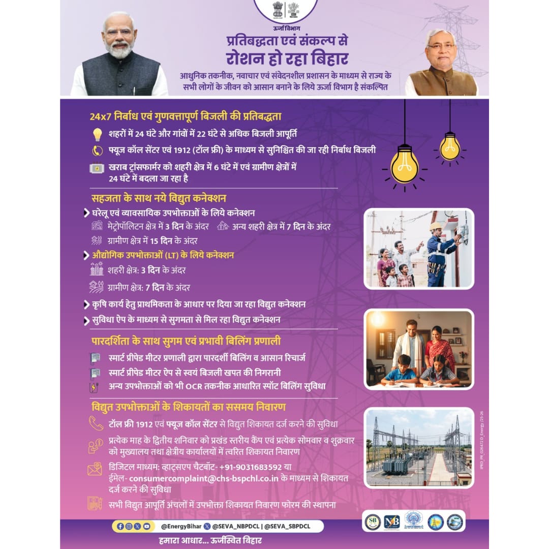 BiharEnergy's tweet photo. आधुनिक तकनीक, नवाचार एवं संवेदनशील प्रशासन के माध्यम से राज्य के सभी लोगों के जीवन को आसान बनाने के लिए ऊर्जा विभाग है संकल्पित।

@NitishKumar @IPRDBihar @EnergyBihar 

#BharatElectricitySummit #electrifyingbihargrowth #ElectrifyingGrowth #EnergyInnovation #PowerSector  #cleanenergy