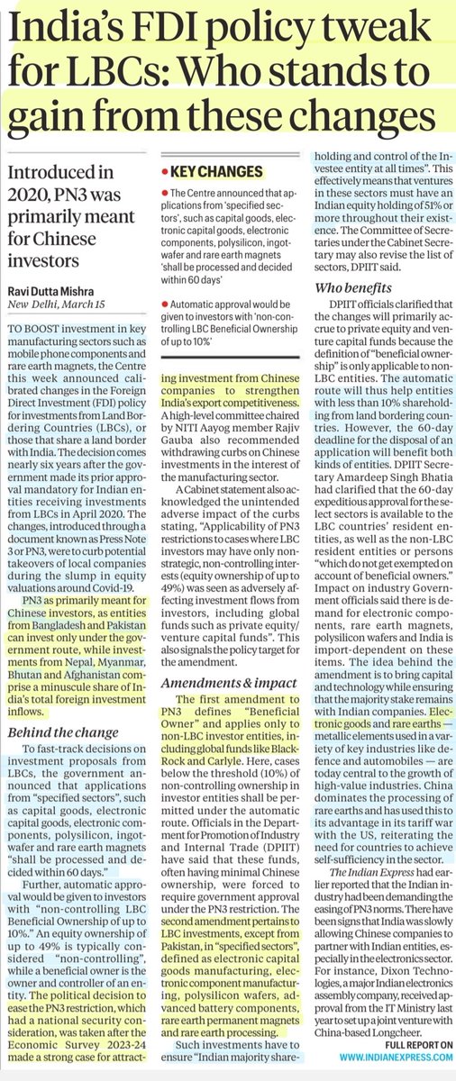 imRavikantYadav's tweet image. India's FDI policy tweaks for LBCs: Who stands to gain from these changes
 
Land Bordering Countries

:Details by Sh Ravi Dutta Mishra
@ravidutta_

#LBCs #FDI #China #Bangladesh
#Pakistan #Afghanistan
#Myanmar #Nepal #Bhutan
#Electronics #RareEarth #magnets
#CapitalGoods

#UPSC