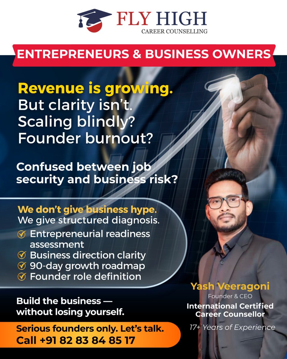 FlyHighVisas's tweet photo. Are you an entrepreneur or business owner confused about your next career move? 🤔

Get expert guidance from Yash Veeragoni, Internationally Certified Career Counsellor with 17+ years of experience.

For Appointments,Call 82 83 84 85 17

#yashveeragoni #careercounselor https://t.co/UpVukUnTyB