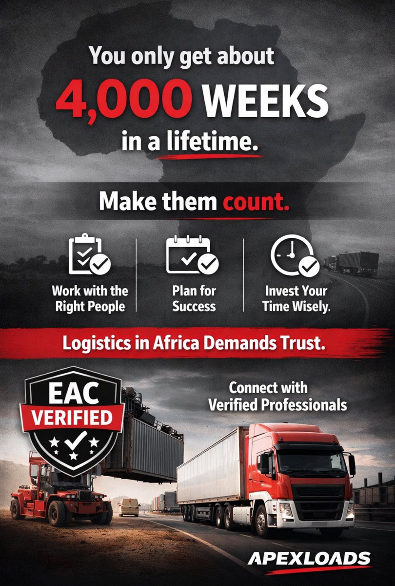 We only get about 4,000 weeks in a lifetime.

Don’t just cross them off the calendar.
Make them count.

Especially in logistics in Africa:
Don’t work with unverified partners.

Trust is the foundation of real trade.

Get EAC verified and connect with trusted professionals on