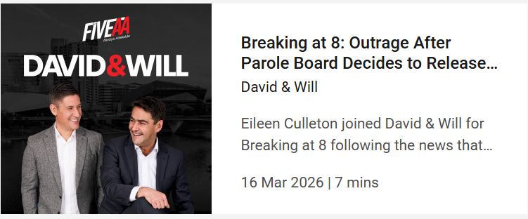 EileenCulleton's tweet photo. On @FiveAA David&amp;Will I shared shocking details of my sister’s killer rapist stalking women in the community since his parole release. And outrage #SA Parole Board is releasing him again after 9 parole breaches including stalking https://t.co/2VyHqUzrXp #ParoleReform #Femicide https://t.co/cR55nCuH9P