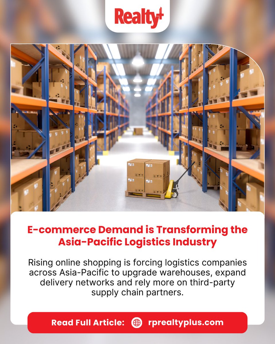 RPRealtyPlus's tweet image. E-commerce growth is rapidly reshaping the logistics landscape across the Asia-Pacific region, driving demand for faster delivery networks, advanced warehousing, &amp;amp; more efficient supply chain systems.

Read more:
rprealtyplus.com/news-views/e-c…

#Ecommerce #LogisticsIndustry #AsiaPacific