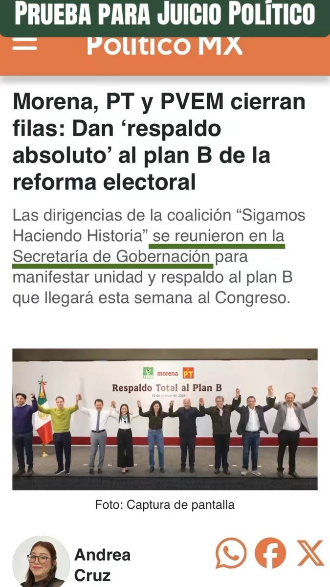 Los MEDIOS de COMUNICACIÓN dan fé que la REUNIÓN de hoy 15/marzo/2026 con Coordinadores de la 4T del Congreso, SE LLEVÓ a CABO en la Secretaría de Gobernación.

Con ésto queda comprobada la VIOLACIÓN al art.77 fracción II y a la división de poderes, motivo para el #JuicioPolitico