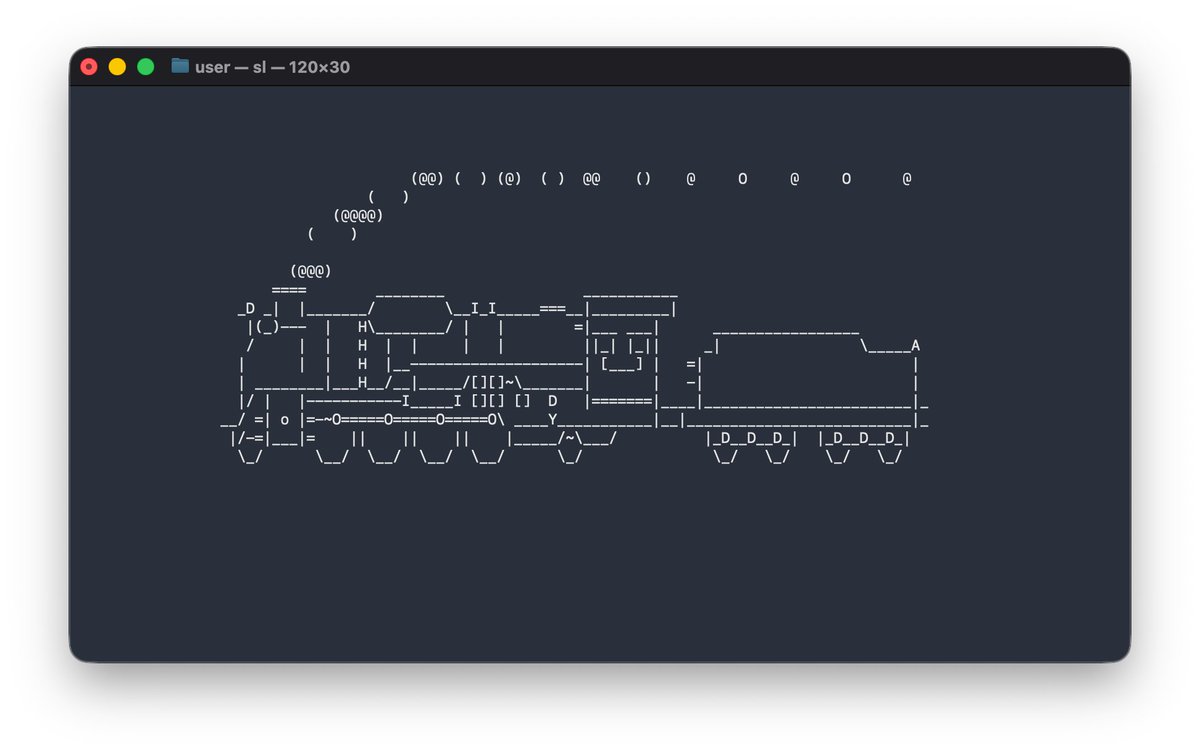 Ubuntuみたいに使えて面白い
これはslっていうUnixのジョークコマンド
Ubuntuならapt install sl
macOSならbrew install slで入れられる