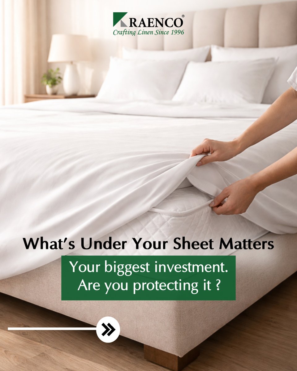 RaencoGroup's tweet photo. A mattress replacement costs thousands. 
Raenco's Quilted White Mattress Protector gives you:
✅ Waterproof barrier
✅ Breathable comfort
✅ Anti-allergen protection
✅ Machine-washable durability
#RaencoMills #MattressProtector #HotelLinen https://t.co/KMUjqcU3WU