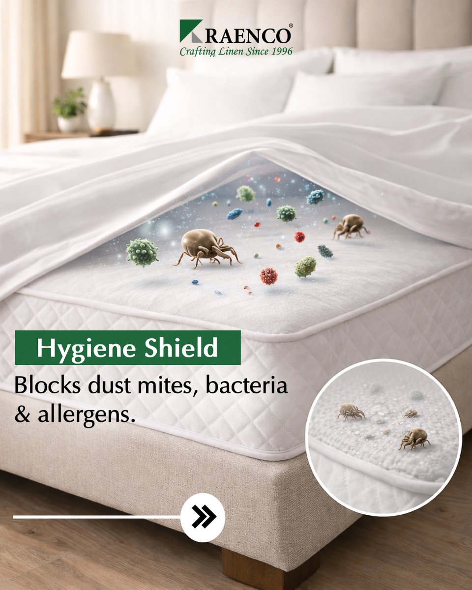 RaencoGroup's tweet photo. A mattress replacement costs thousands. 
Raenco's Quilted White Mattress Protector gives you:
✅ Waterproof barrier
✅ Breathable comfort
✅ Anti-allergen protection
✅ Machine-washable durability
#RaencoMills #MattressProtector #HotelLinen https://t.co/KMUjqcU3WU